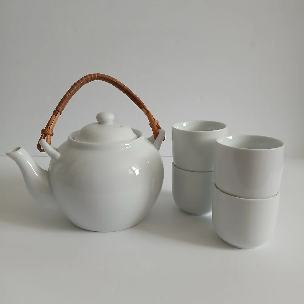 Pier 1 White Tea Set Boho Rafia Handle Asian Cottage